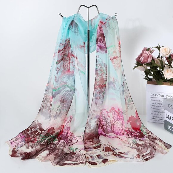 Women's Turquoise Fashion Lightweight Head Scarf Floral Print Chiffon Scarves - Picture 2 of 6